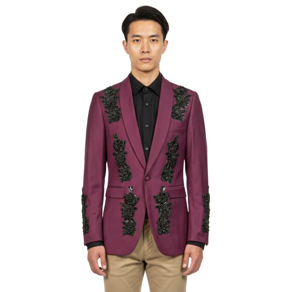 Empire™ Burgundy Appliqué Shawl Lapel Hybrid-Fit Blazer, Black Bead Detailing - Picture 1 of 4